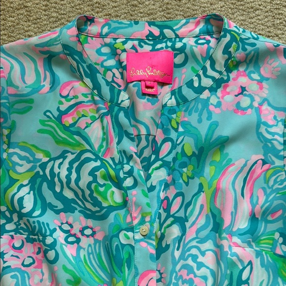 Lilly Pulitzer Blue Pink Green Long Sleeve, Tiered Maxi Shirt Dress Sz 6 - Picture 11 of 12